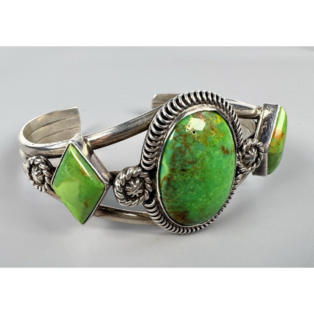 Running Bear Navajo Green Turquoise Sterling Silver 3 Stone Cuff Bracelet 33.75g